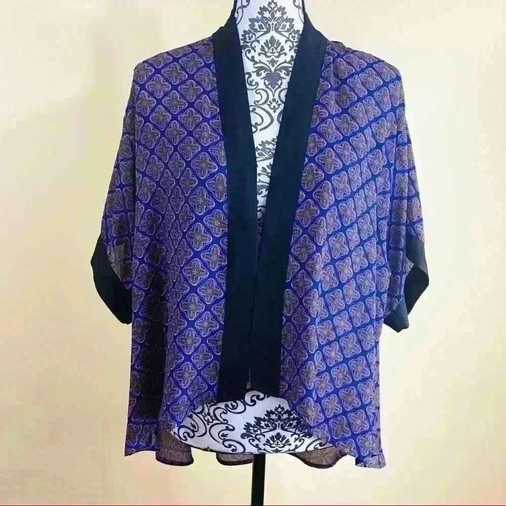 Sans Souci Purple Celtic Print Sheer Open-Front 3/4 Sleeve Kimono Cardigan XS - Picture 1 of 12